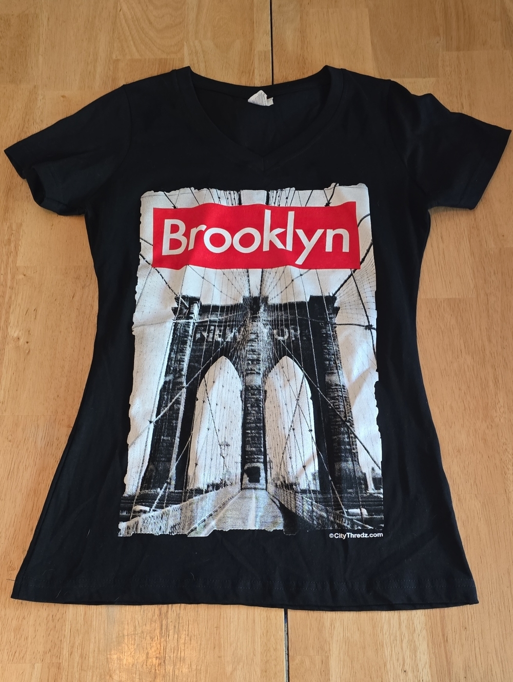 Brooklyn Graphic V-Neck Tee - Black with Red Logo